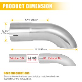 QYFNB 2.5 Inch Inlet Turn-Down Exhaust Tip, 2.5" Inlet and Outlet 304 Stainless Steel, Universal Diesel Exhaust Tailpipe Tips with Seal Clamp for 2.5" OD Tailpipes, 9" (230mm) Overall Length, Polished