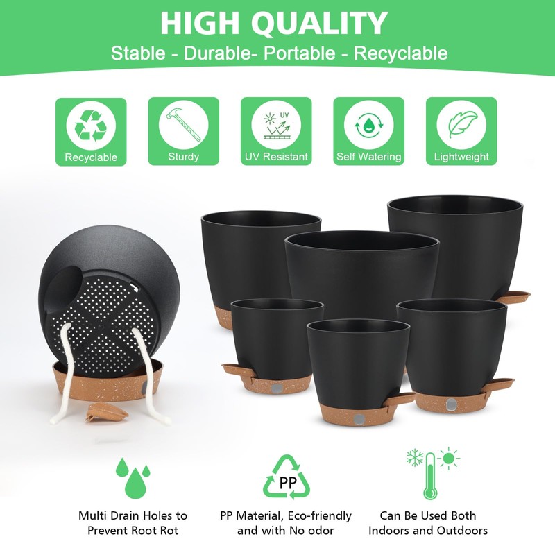 Self Watering Planter Set with Visual Water Level, 6Pack Small