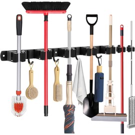 lazycozy® Broom Holder Wall Mount, Mop and Broom Organizer Wall Hanging, 5 Clamps and 4 Hooks + 2 Independent Clamps, Tool Storage Utility Rack for Home Kitchen Garden Laundry Garage