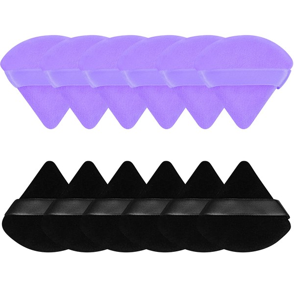 Pimoys 12 Pieces Triangle Powder Puff Makeup Puff Soft Velour Puffs for Face Powder Loose Powder Cosmetic Foundation Sponge Beauty Makeup Tool(Black and Purple)