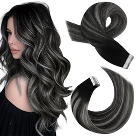 Moresoo Tape in Hair Extensions Ombre Human Hair Tape in Hair Extensions Balayage Black to Silver Hair Tape in Extensions Real Human Hair 16 inch 20 Pieces/50G #1B/Silver/1B