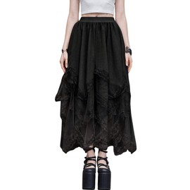 GORGLITTER Women's Skirt Goth Transparent Lace Patchwork Midi Skirt Asymmetrical A Line Skirts Long High Waist Skirt Casual Midi Skirts, black