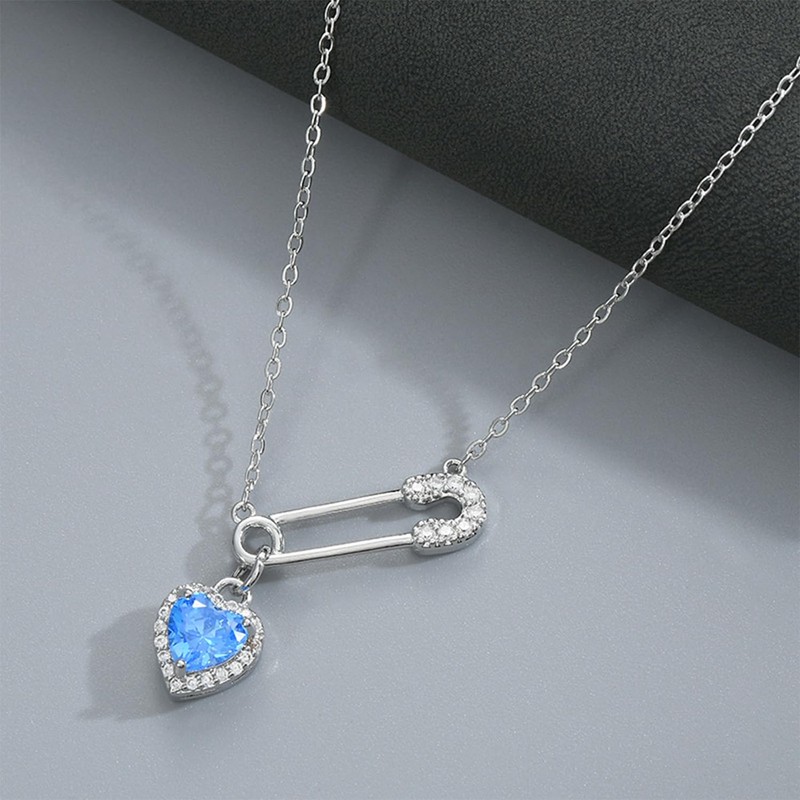 Safety Pin Pendant Necklace, Blue Heart Pendant Collar, Heart Charm