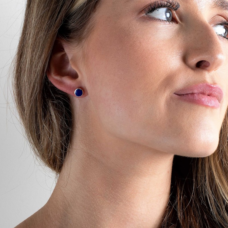 Dew Sterling Silver and Synthetic Lapis Round Stud Earrings