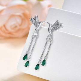 925 Sterling Silver Sparkling Hummingbird Earrings for Women White Gold Plated Piercing Tassel Drop Dangle Earrings with Emerald Animal Jewelry Gift for Birthday Mother’s Day Gift