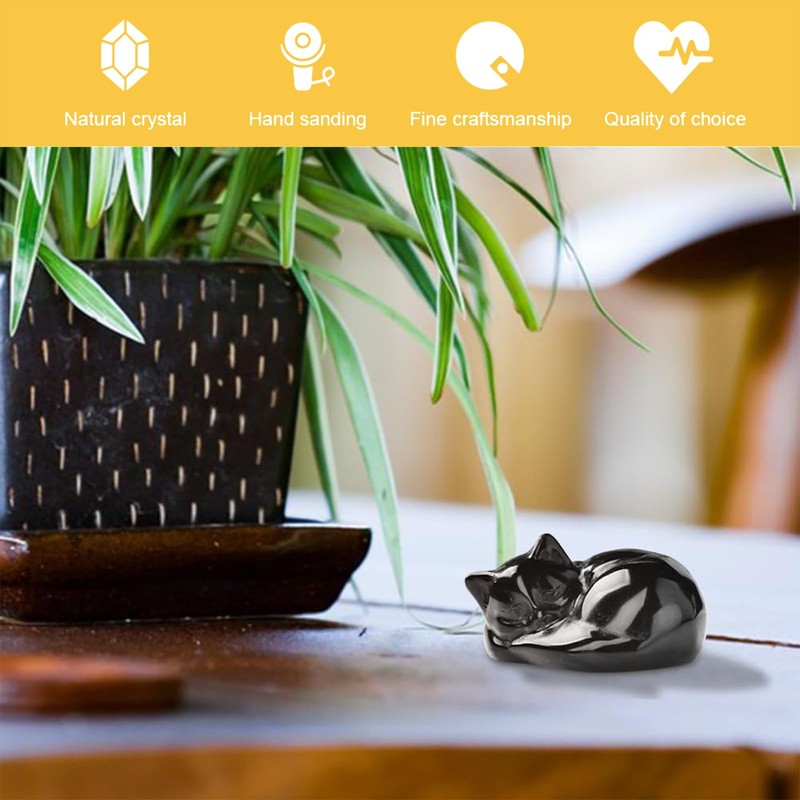 NATOSU Black Obsidian Cat Crystals Shiny Sleeping Cat Statue Healing