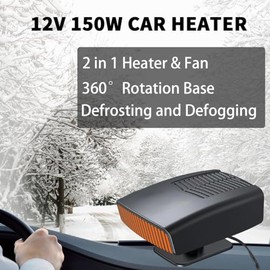 12 Volt Car Heater that Plugs into Cigarette Lighter, 150W Portable Windshield Defogger and Defroster, 360 Degree Rotary Base (Black)