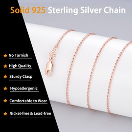 Jewlpire Solid 925 Sterling Silver Chain Necklace for Women, 1.3mm Cable Chain Rose Gold Chain for Women Thin & Dainty & Shiny Women's Chain Necklaces 14 Inch