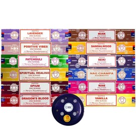 Satya Sai Baba Nag Champa Incense Sticks 15g Assorted - Pack of 12 Boxes with Wooden Incense Holder by Behal International