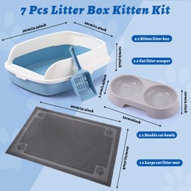 Sliner 7 Pcs Kitten Litter Box Starter Kit, 2 Plastic Small Kitty Litter Box Training Low Entry Cat Litter Box with Scoop, 2 Whisker Friendly Double Cat Bowl and Litter Mat for Kitten Indoor(Blue)