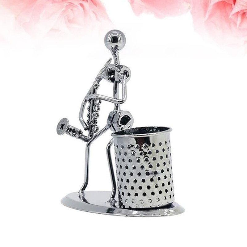 Metal Art Pen Pencil Holder Iron Saxophone Man Music Figure