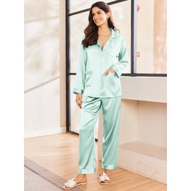 Ekouaer Silk Pajamas for Women Classic Button Down Satin Pajama Sets Long Sleeve Lounge Set