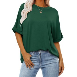 KEEDONE Women's Oversized T Shirts Short Sleeve Crewneck Loose Summer Tee Tops Basic Business Casual Blouse Shirts Comfy Boyfriend Workout Shirts 2024 Spring Clothes Dark Green-XL
