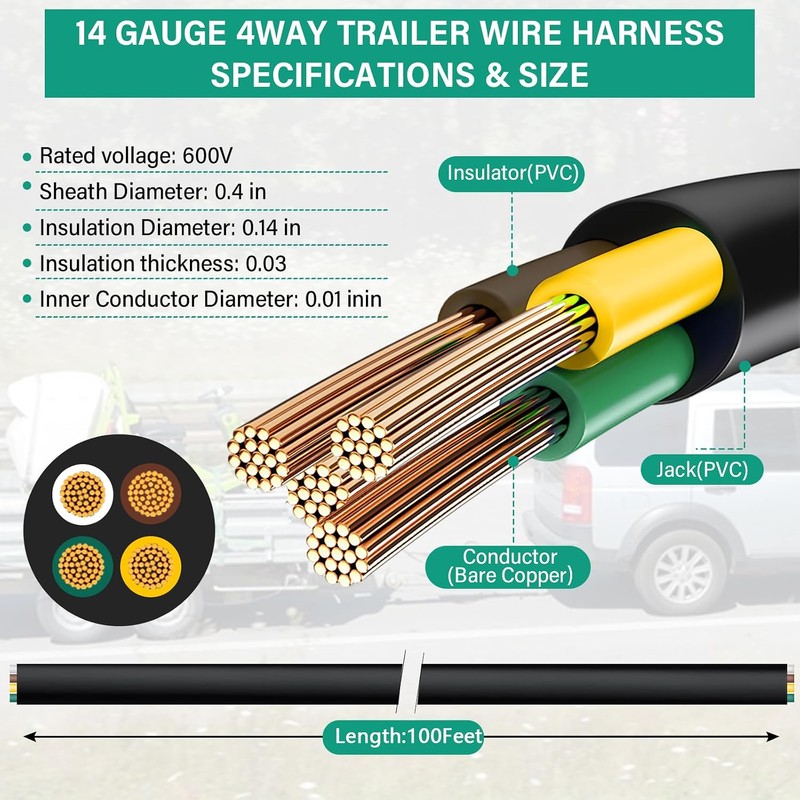 100 FT 14 Gauge 4 Wire Trailer Wire Insulated Copper