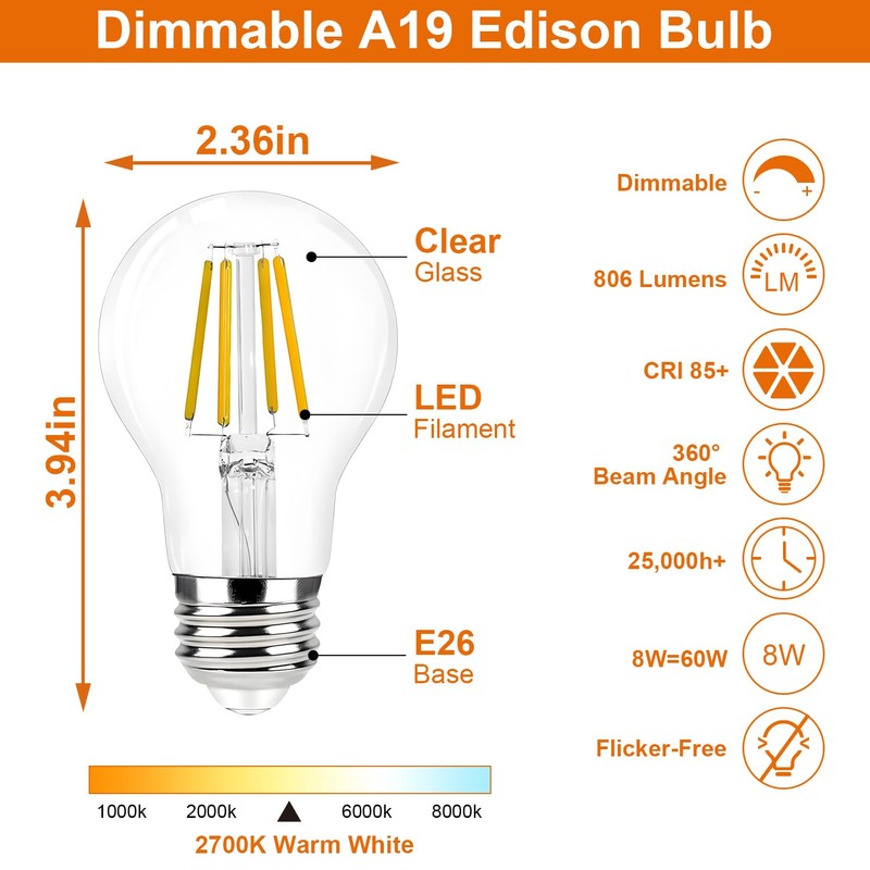 Vinaco A19 Dimmable LED Bulb 2700K Warm White, 4 PCS