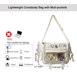 Kawaii Crossbody Bag for Women with Cute Pin and Plush Bear, Lightweight Messenger Bag Ita Bag with Customizable Clear Panel Y2K Style Beige