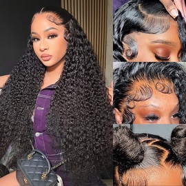 Deep Wave Lace Front Wigs Human Hair 13x4 HD Lace Front Wigs Human Hair Pre Plucked Brazilian Curly HumanHair Wig 200 Density Glueless Frontal Wigs For Women(24inch)