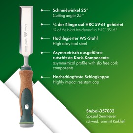 Stubai 357032"Swedish Type" Special Wood Chisel Set with Cork Handles, Green/Brown/Silver, 32 mm
