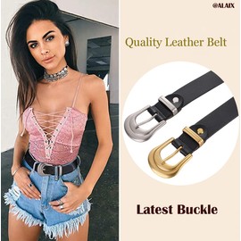 ALAIX Women's Belt Western Belts Silver Gold Buckle Black Leather Belt Pants Jeans Belts for Women