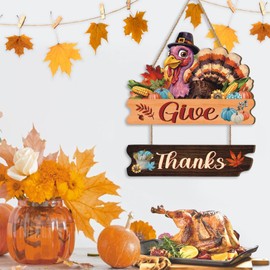 Aryroi Give Thanks Door Sign,Turkey Front Door Decor,Thanksgiving Day Wooden Plaque,Thankful Wreath,Fall Wooden Hanging Signs,Autumn Wall Sign,Realistic Turkey Wreath For Outdoor Porch Office Home Room