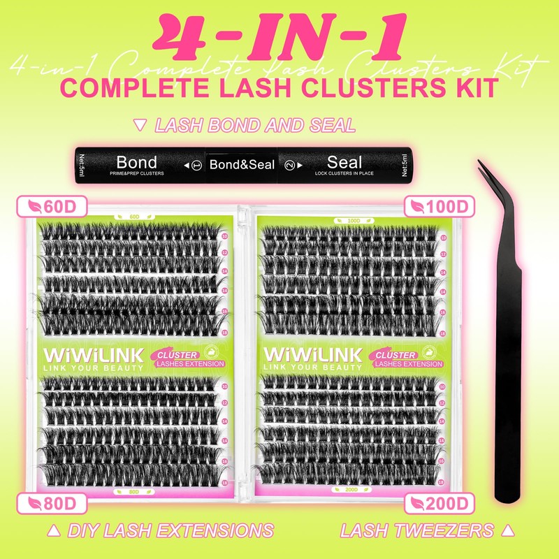 WiWiLINK Lash Clusters Kit 60D+80D+100D+200D Individual Lashes 424PCS D Curl