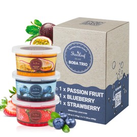 Fizzleaf Popping Boba Pearls Trio - Strawberry Popping Boba, Blueberry, Passion Fruit - Bubble Fruit Bursting Pearls for Bubble Tea, 3 Pack, 1 pound (490g) Each
