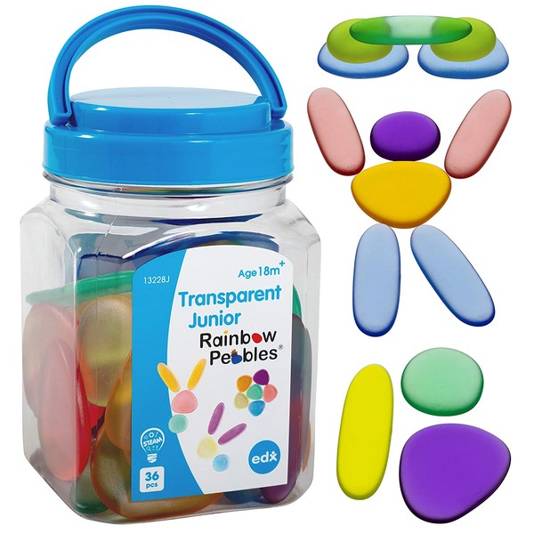 edx education Junior Rainbow Pebbles - Clear Colors - Mini Jar - Ages 18M+ - Sorting and Stacking Stones - Early Math Manipulative for Children - First Counting and Construction Toy