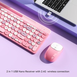 Wireless Keyboard and Mouse Combo, Retro Wireless Keyboard with Round Keycaps, 2.4GHz Full-Size USB Cute Wireless Keyboard Mouse for Computer, Desktop, Laptop and Computer (Pink-Colorful)