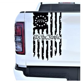Distressed American USA US Flag Truck Tailgate Vinyl Decal Compatible with Most Pickup Trucks EUA Flag - Rear Graphic Car Sticker (10" x 18") (Matte Black, 1776 We the People Flag)