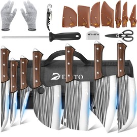 Dfito Butcher Knife Set with Roll Bag, 14 in 1 Professional Chef Knife Set, Hand Forged Chopping & Meat Cleaver & Viking Knives, High Carbon Stainless Steel Kitchen Knifes Set for Kitchen Camping BBQ