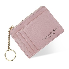 FuninCrea Slim Ladies Purse Credit Card Holders Wallet with Keying and 8 Card Slot, Minimalist Women Wallets Ultrathin Keychain Card Wallet with Zipper Coin Pocket (Minimalist, Pink)