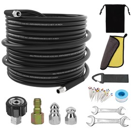 Sewer Jetter Kit for Pressure Washer,Water Jet Drain Cleaning Hose with Corner Rotating Button Spring Nose 1/4" NPT Sewer Cleaning Tool High-Pressure Nozzles,5800 PSI 30 FT