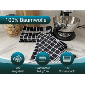 ZOLLNER Set of 5 Tea Towels, 50 x 70 cm, 100% Cotton, Black/White Chequered
