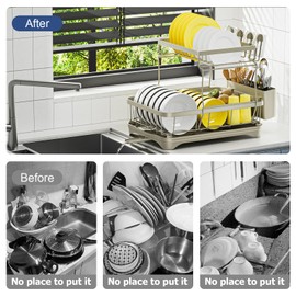 arshray Dish Drying Rack 2-Tier Dish Racks for Kitchen Counter, Adjustable Spout Auto-Draining Dish Rack, Large Capacity for Plates, Bowls, Cups, Tableware, Dish Drainer with Drainboard,Grey
