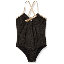 Kensie - Girl's Outerwear Kensie Metallic Texture Bow-Tie One Piece Swimsuit, Black, 7/8
