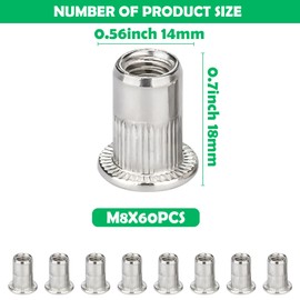 Yauhar 60Pcs M8 304 Stainless Steel Rivet Nuts, Flat Head Threaded Insert Nut Rivnuts Nutserts for Automotive Furniture