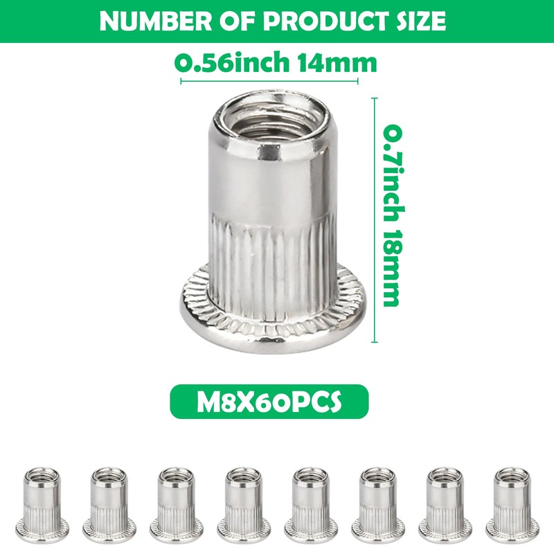 Yauhar 60Pcs M8 304 Stainless Steel Rivet Nuts, Flat Head