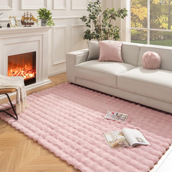 Ashler Faux Rabbit Fur Rug, Pink 6x9 FT Fluffy Soft