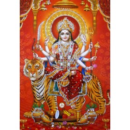 Crafts of India Goddess Durga Poster/Reprint Hindu Goddess Sheran Wali Mata Picture with Glitter (Unframed : Size 5"X7" inches)