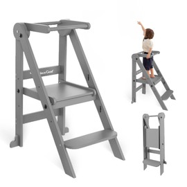 Foldable Toddler Tower, 3 Adjustable Height Toddler Standing Tower, Wooden Kids Kitchen Stool Helper with Safety Rails, Space Saving Kids Step Stool - Ages 18 Months to 6 Years