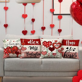 KISVODS Valentine's Day Pillow Covers 18x18 Heart Flowers Striped Valentines Day Decorations Be My Valentine Throw Pillow Covers Hugs and Kisses Wedding Cushion Case for Sofa Couch Set of 4
