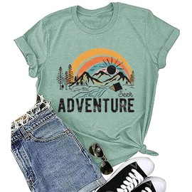 Cute Sunshine Graphic Women Shirts Funny Summer Adventure Mountain Athletic Tops Loose Short Sleeve Tees, Bean Green L