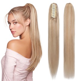 SEGOHAIR Human Hair Claw Clip Ponytail Extension-100% Real Human Hair Clip-In Extensions for Women Long Straight Pony Tails- 16 Inch #18P613 Light Ash Brown Mixed Bleach Blonde 105g