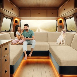 SYLC Covers for Caravan Upholstery Jacquard, Non-Slip Motorhome Seat Covers with 2 Corduroy, Sofa Seat Cushion Cover for Protective Cover, Caravan Upholstery (Beige, W 130-160 cm, D 60-90 cm)