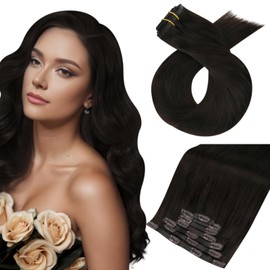 Moresoo Seamless Hair Extensions Clip in Human Hair Darkest Brown Remy Human Hair Clip in Extensions Invisible Seamless Human Hair Extensions Clip ins Full Head 22inch 120g 7pcs