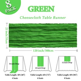 8 Pack Green Cheesecloth Table Runner 10Ft Gauze Cheese Cloth Table Runner 120 Inch Boho Sheer Rustic Fabric for Decor Bridal Baby Shower Wedding Centerpiece Home Table Decoration