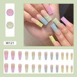 Long Square Press on Nails MABKJLF Summer French Tip Fake Nails Colorful Nail Tip Full Cover False Nails with Designs Matte Glue on Nails Artificial Acrylic Nails for Women Girls 24 Pcs