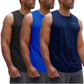 DEVOPS 3 Pack Men's Muscle Shirts Sleeveless Dry Fit Gym Workout Tank Top (Small, Black/Blue/Navy)