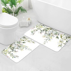 Gibelle Eucalyptus Leaves Bath Mat Rug Set 2 Piece, Super Absorbent Quick Dry Bathroom Rug Set, Non Slip Rubber Backed Bathroom Floor Mat for Tub Shower Sink (17"x24"+20"x32", Sage Green)