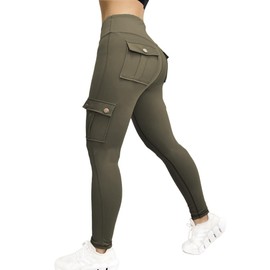 CHICME Women High Waist Cargo Leggings Seamless Workout Leggings Tummy Control Yoga Pants with Pocket Solid Army Green-M